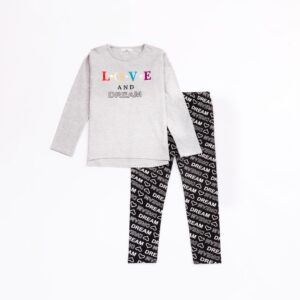 Girl set blousedress legging grey melange black with allover print