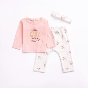 Newborn girl set 2 pcs interlock blouse and velour pants pink salmon-ecru