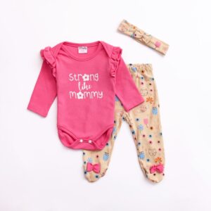 Newborn girl set 2 pcs rib bodysuit and interlock pants deep pink-beige