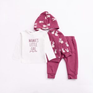 Newborn girl set 3 pcs fleece cardigan, pants and intelock blouse dark camelia-ecru melange