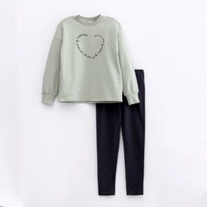 Girl set blousedress-leggings fleece-lycra peanut-anthracite