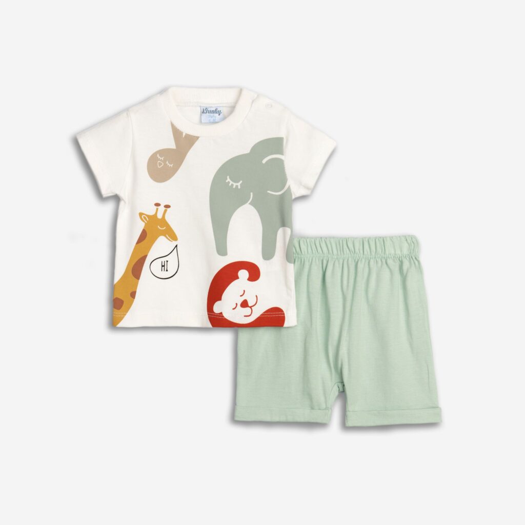Conjuntos 2 piezas algod&oacute;n short menta+ camiseta manga corta blanca animales