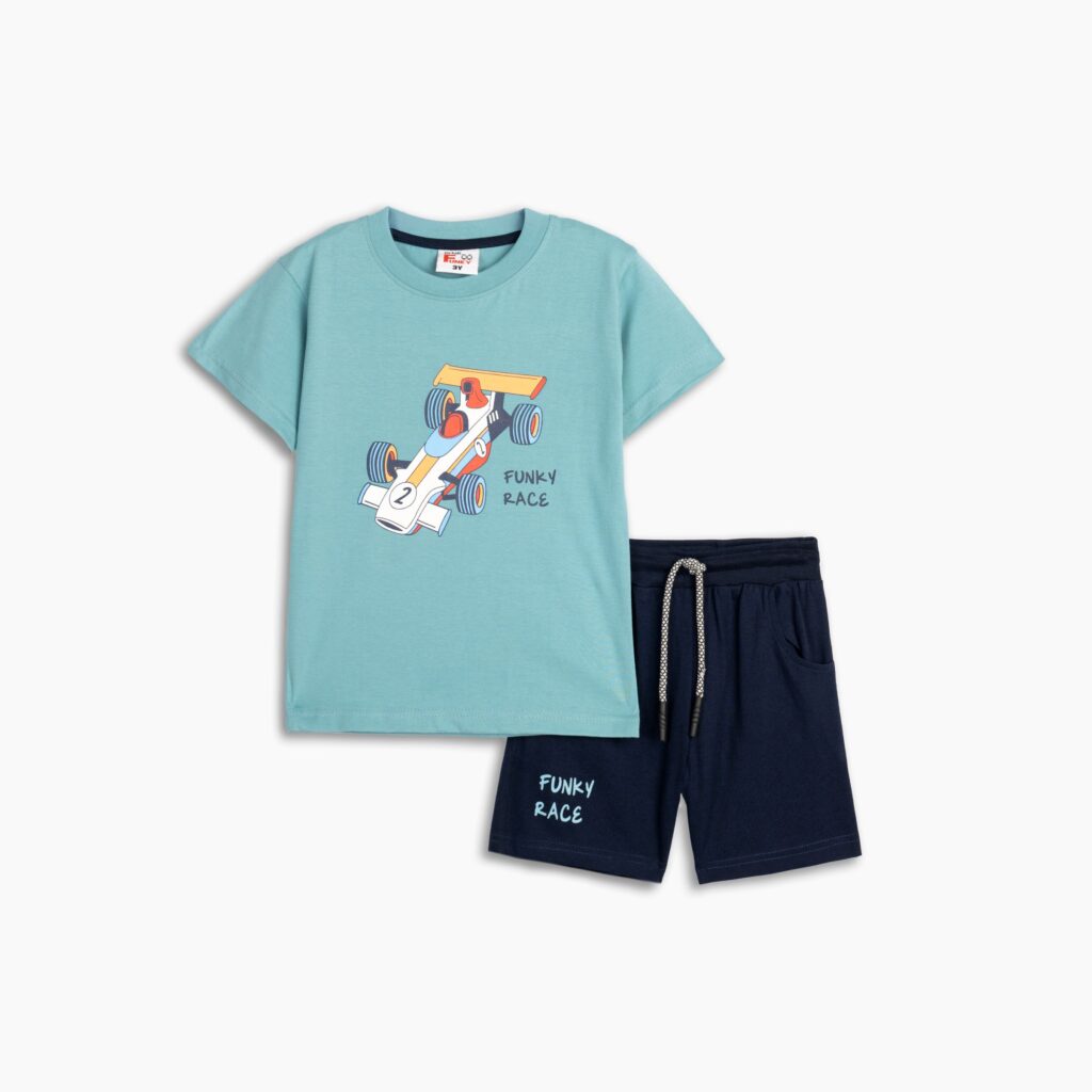 Conjunto camiseta azul Coche + pantal&oacute;n corto Marino