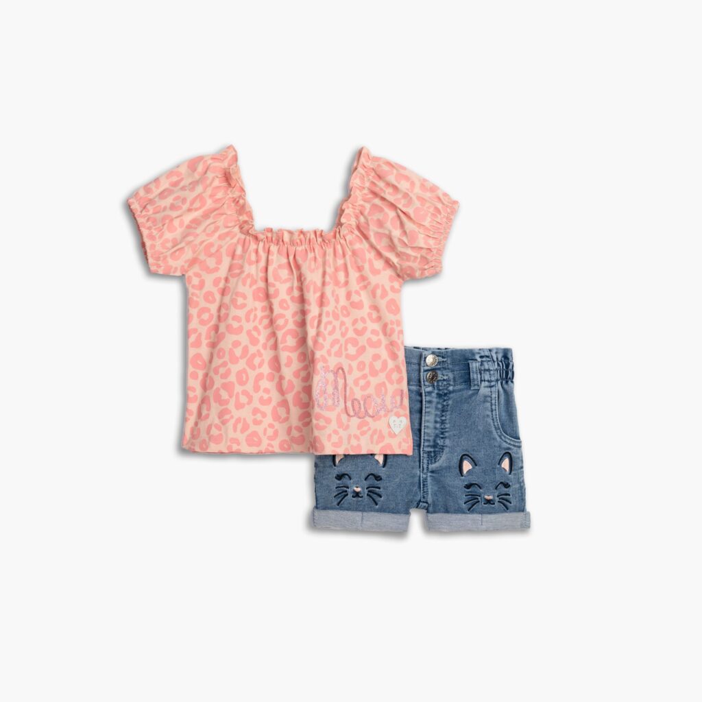 Conjuntos 2 piezas short jeans + blusa rosa print