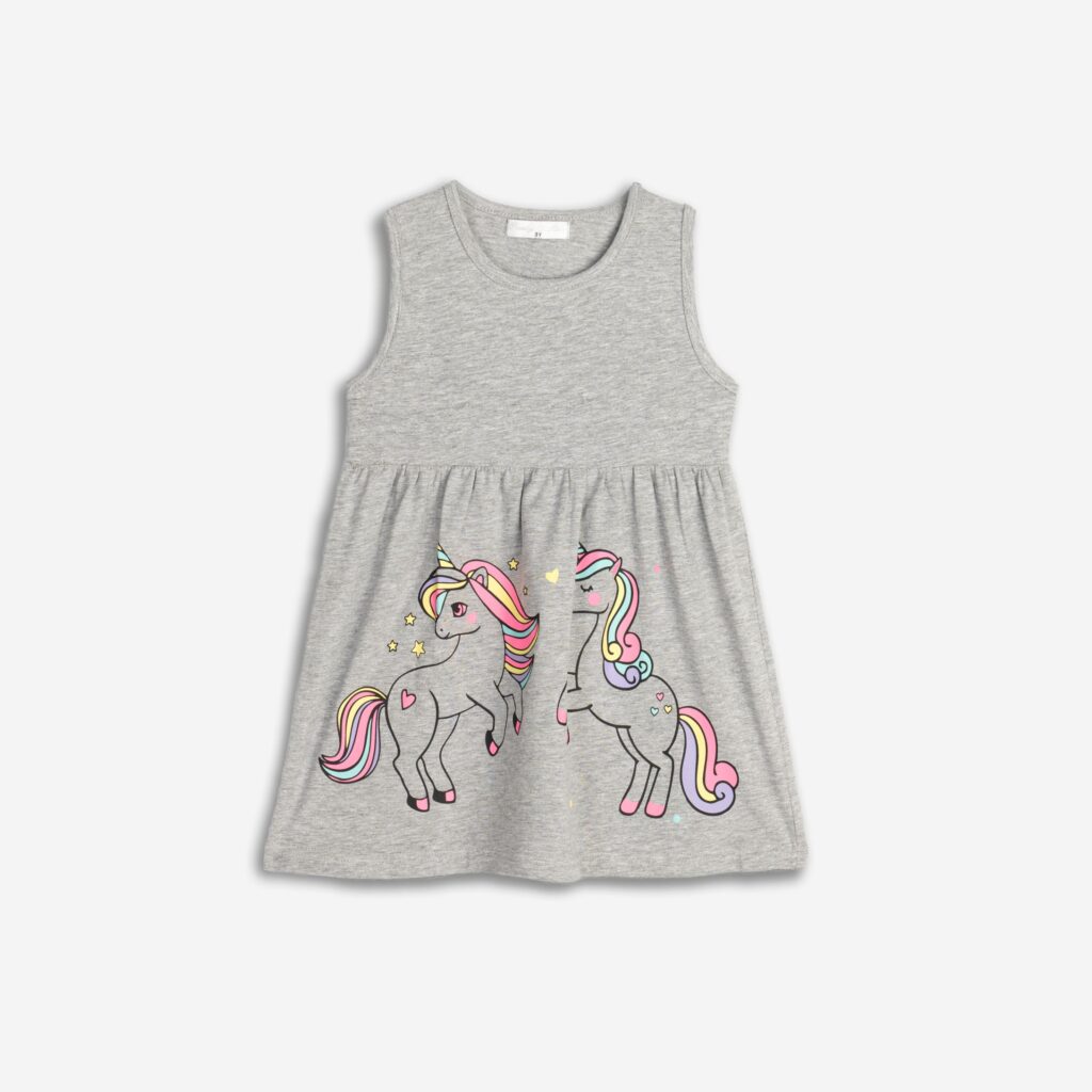 Vestido algod&oacute;n ni&ntilde;a infantil gris unicornio