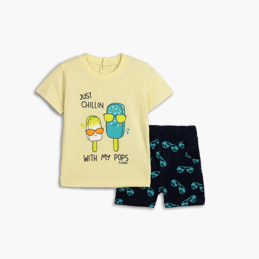 Conjuntos 2 piezas algod&oacute;n short marino+ camiseta manga corta amarilla Beach