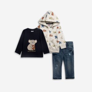 Set 3pcs jacket fleece+jean baby boy light grey melanze allover/blue/blue jean