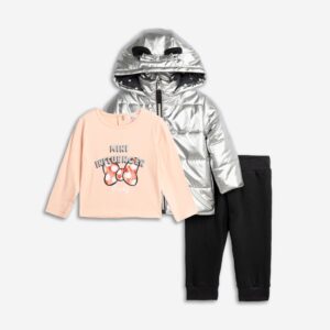 Set 3pcs jacket sleeveless baby girl silver/pink powder/black