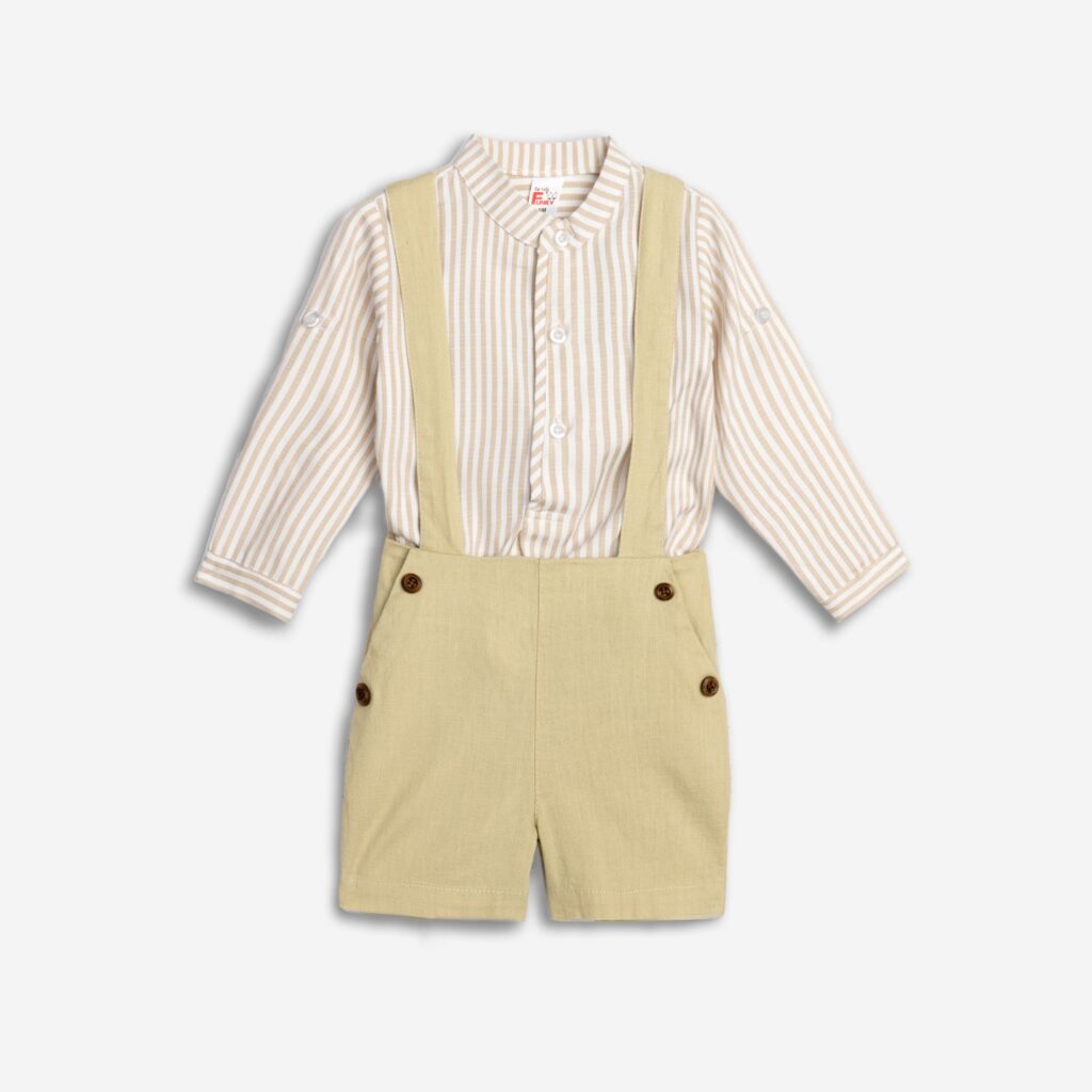 Conjunto beb&eacute; camisa m. larga  rayas+peto beige