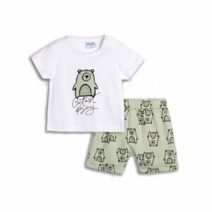 Conjuntos 2 piezas algod&oacute;n short verde+ camiseta manga corta blanca oso