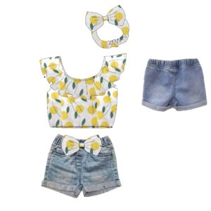Conjuntos 3 piezas short jeans +blusa sin manga volante + cinta pelo Limones