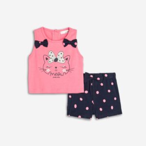 Conjuntos 2 piezas algod&oacute;n short marino lunares+ camiseta sin manga fucsia Gatita