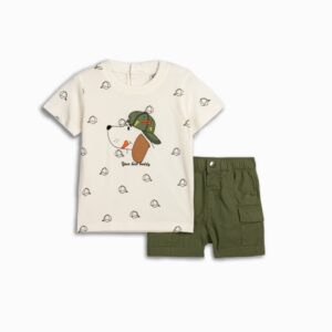 Conjuntos 2 piezas short verde oliva+ camiseta manga corta blanca Perro