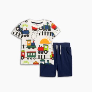 Conjuntos 2 piezas algod&oacute;n short + camiseta manga corta blanca Tren