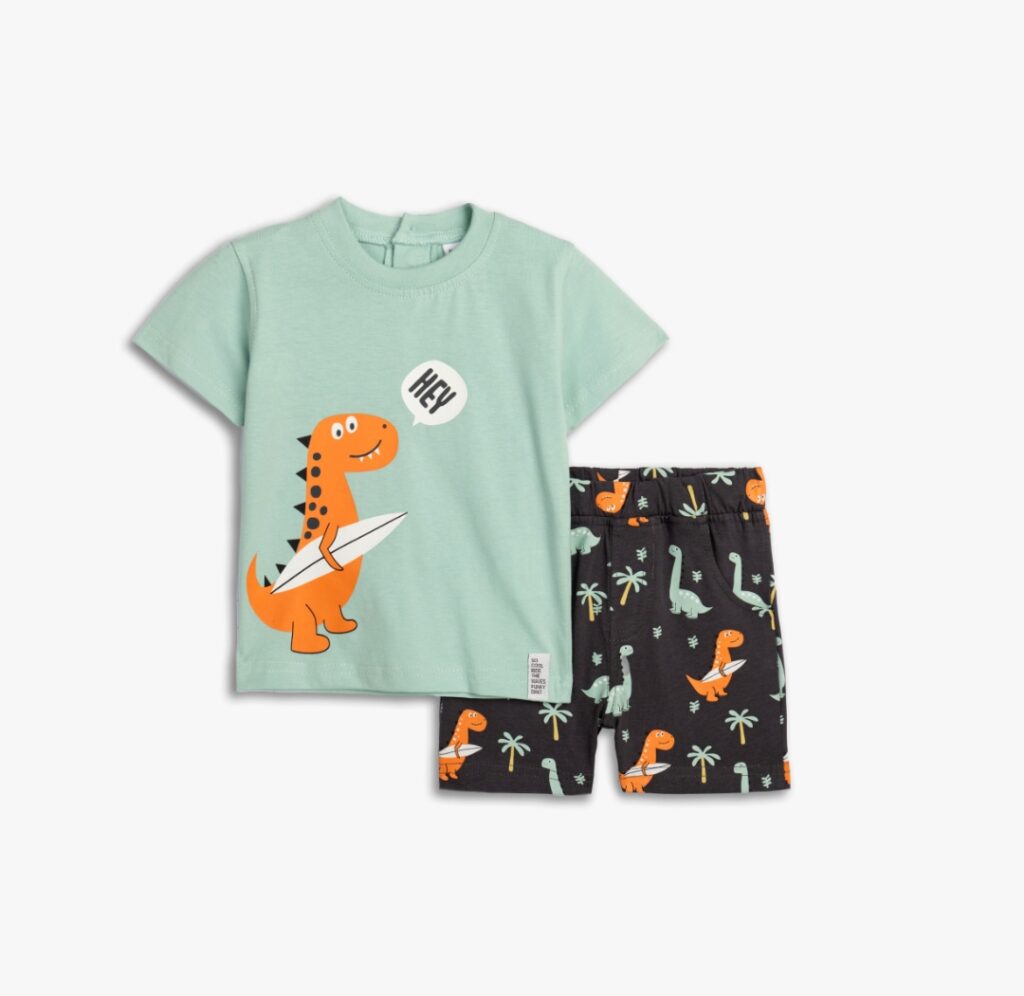 Conjuntos 2 piezas algod&oacute;n short antracita+ camiseta manga corta verde Dino