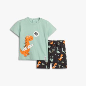 Conjuntos 2 piezas algod&oacute;n short antracita+ camiseta manga corta verde Dino
