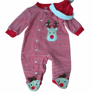Pijama polar gorro rojo/blanco rayas reno bebé