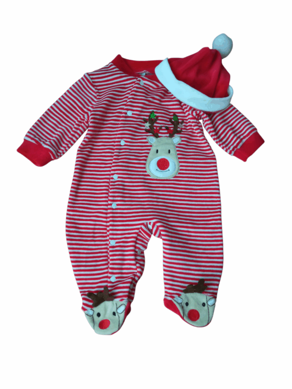 Pijama polar navidad gorro rojo/blanco rayas reno bebé
