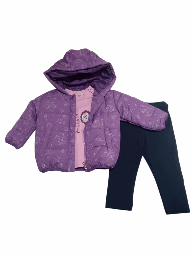Conjunto 3 piezas beb&eacute; cazadora + camiseta m. larga + leggings