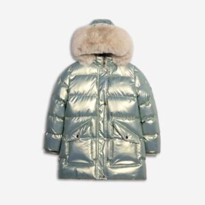 Cazadora juvenil capucha pelo verde-agua plateada
