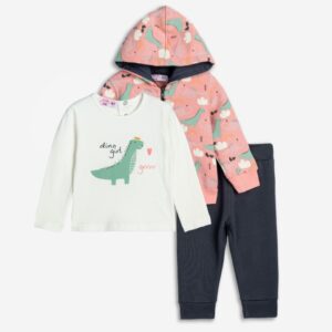 Conjunto polar 3 piezas bebé dino chaqueta + camiseta m. larga + pantalón chándal