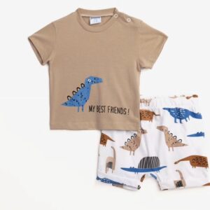 Conjuntos 2 piezas algod&oacute;n short blanco+ camiseta manga corta mocca Dino