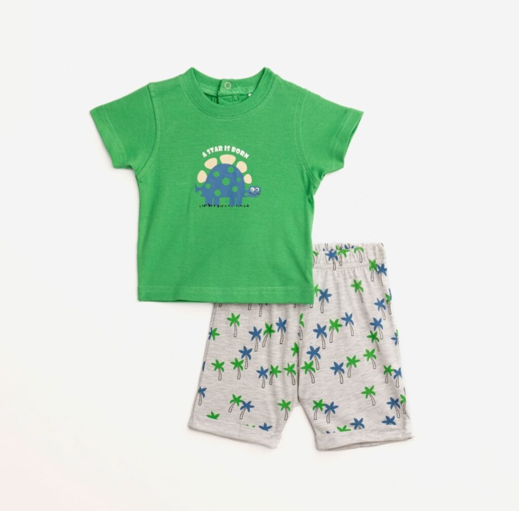 Conjuntos 2 piezas algod&oacute;n short gris Palmeras+ camiseta manga corta verde Dino
