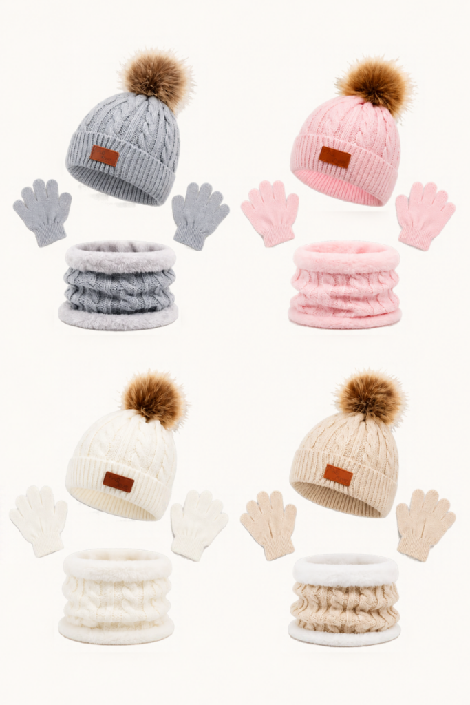 Conjunto 3 piezas gorro pomp&oacute;n + braga-cuello + guantes