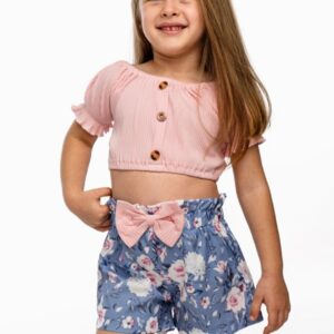 Conjuntos 2 piezas short flores + top manga corta rosa + lazo pelo