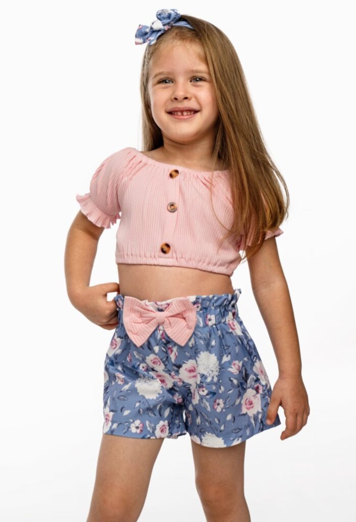 Conjuntos 2 piezas short flores + top manga corta rosa + lazo pelo