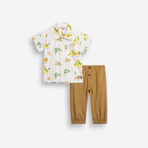 Conjunto dos piezas ni&ntilde;o beb&eacute; camisa manga corta Animales + pantal&oacute;n marr&oacute;n algod&oacute;n
