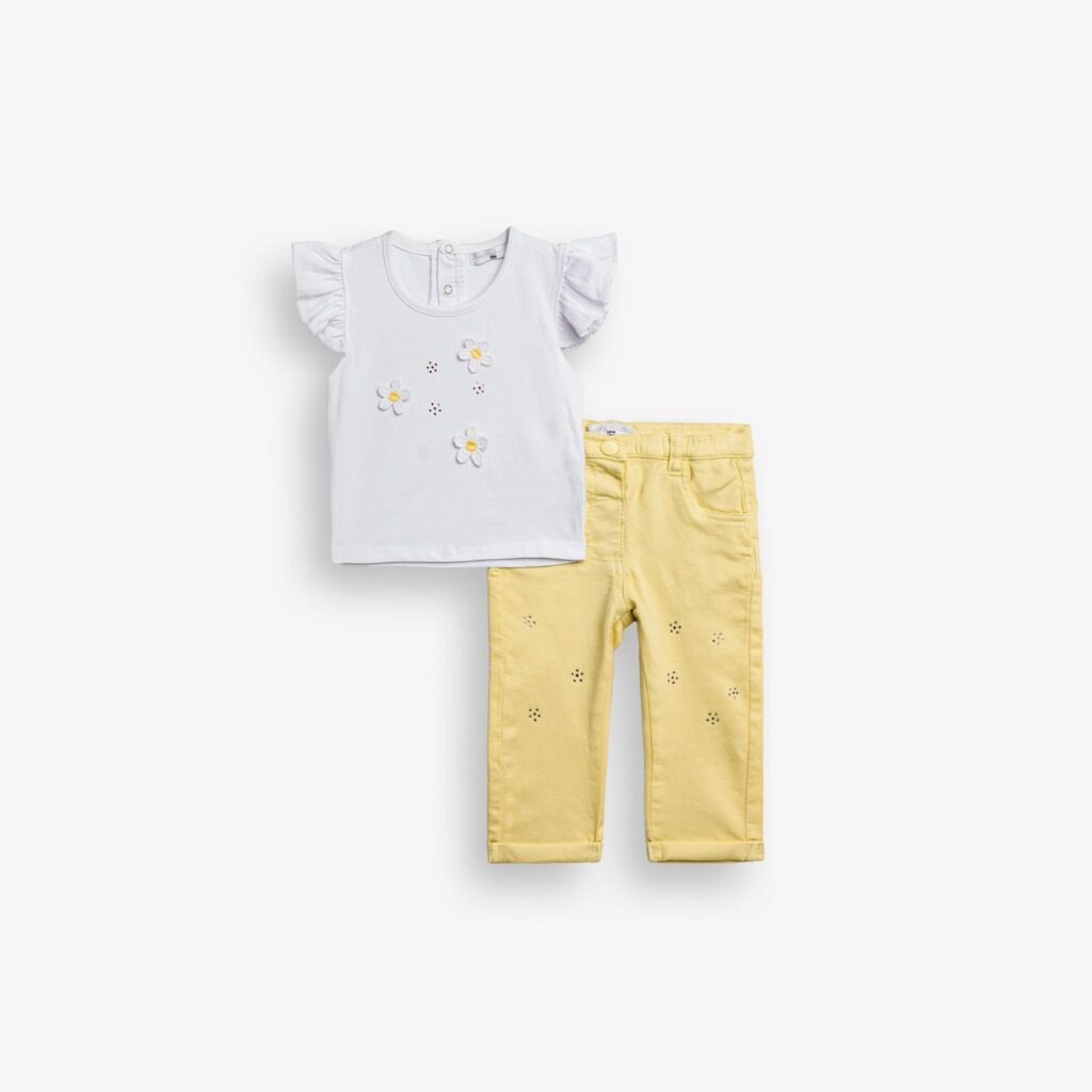 Conjunto dos piezas ni&ntilde;a beb&eacute; camiseta blanca Flores + jeans vainilla Brillos