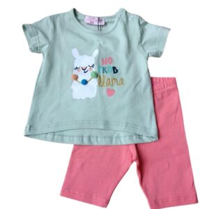 Conjunto camiseta Llama Pompones verde + legging pirata naranja fl&uacute;or beb&eacute;