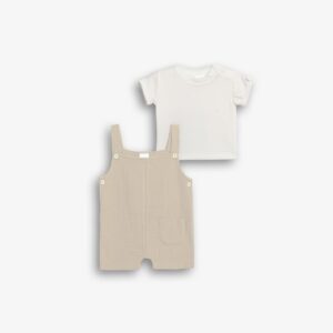 Conjuntos 2 piezas algod&oacute;n camiseta blanca+ peto beige