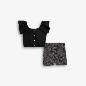 Conjunto Top Manga Volante Negro + Short Lunares