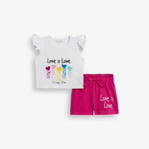 Conjunto Camiseta Blanca Manga Volante Corazones + Short Fucsia Love