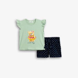 Conjunto Camiseta Verde Manga Volante Oso + Short Lunares Marino