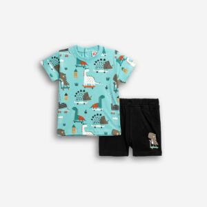 Conjuntos 2 piezas algod&oacute;n short negro+ camiseta manga corta turquesa Dinos Skate