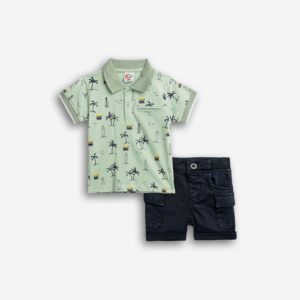 Conjuntos 2 piezas  short multi bolsillos marino+ camiseta-polo manga corta verde Surf