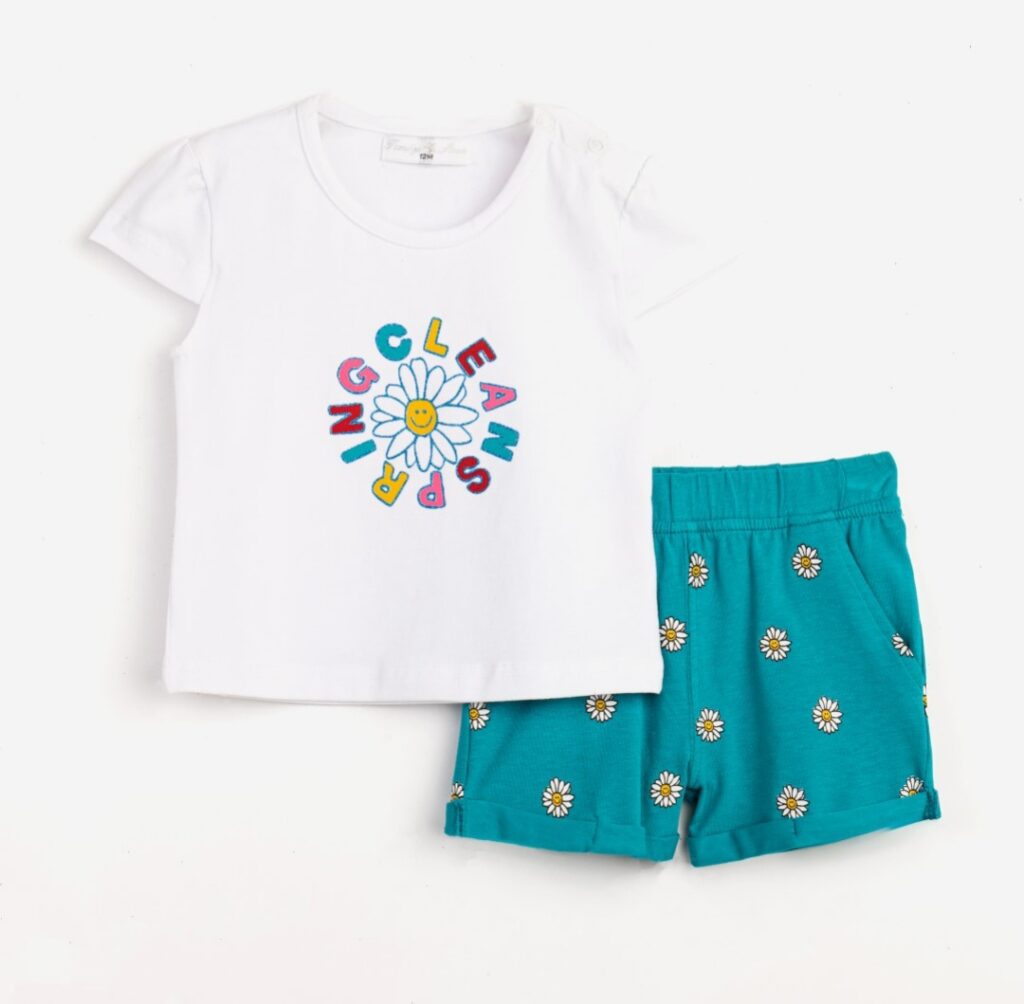 Conjuntos 2 piezas algod&oacute;n short verde agua+ camiseta manga corta Margaritas