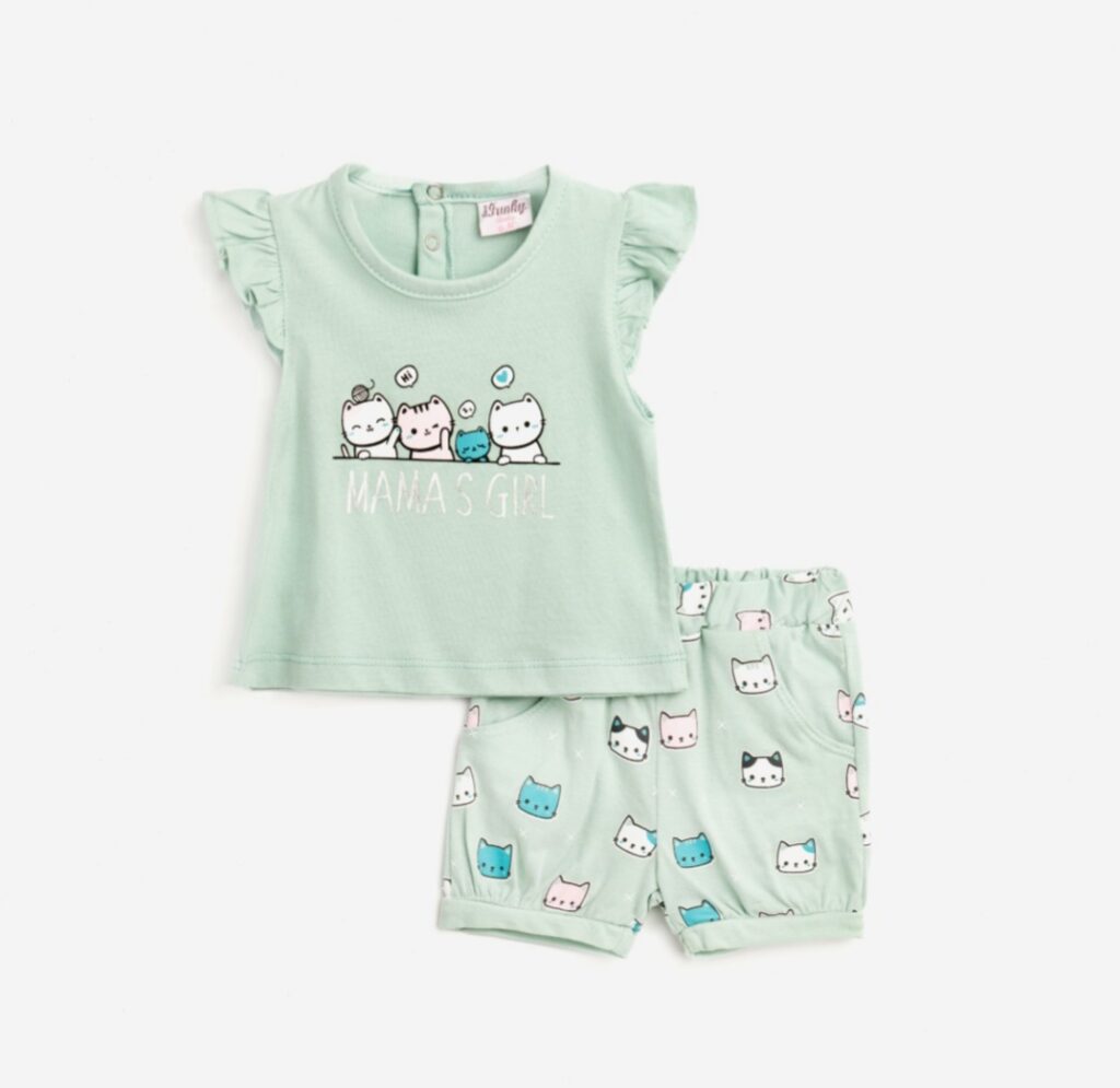 Conjuntos 2 piezas algod&oacute;n short verde+ camiseta manga volante Gatos