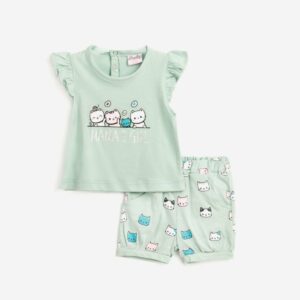 Conjuntos 2 piezas algod&oacute;n short verde+ camiseta manga volante Gatos