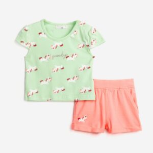 Conjuntos 2 piezas algod&oacute;n short salm&oacute;n fl&uacute;or+ camiseta manga corta verde Unicornio
