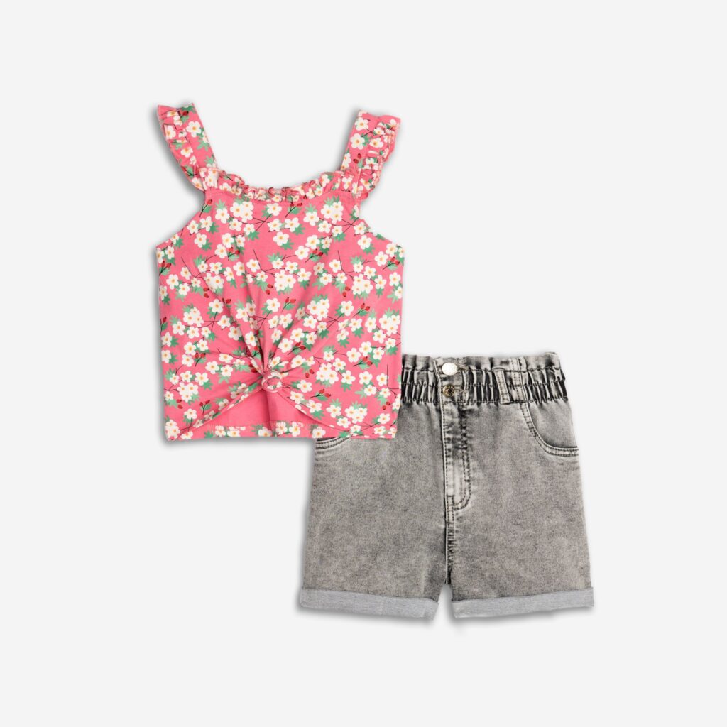 Conjunto Top Flores Fucsia + Short Vaquero Gris