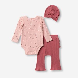 Conjunto tres piezas beb&eacute; ni&ntilde;a pantal&oacute;n volante+body Flores+turbante